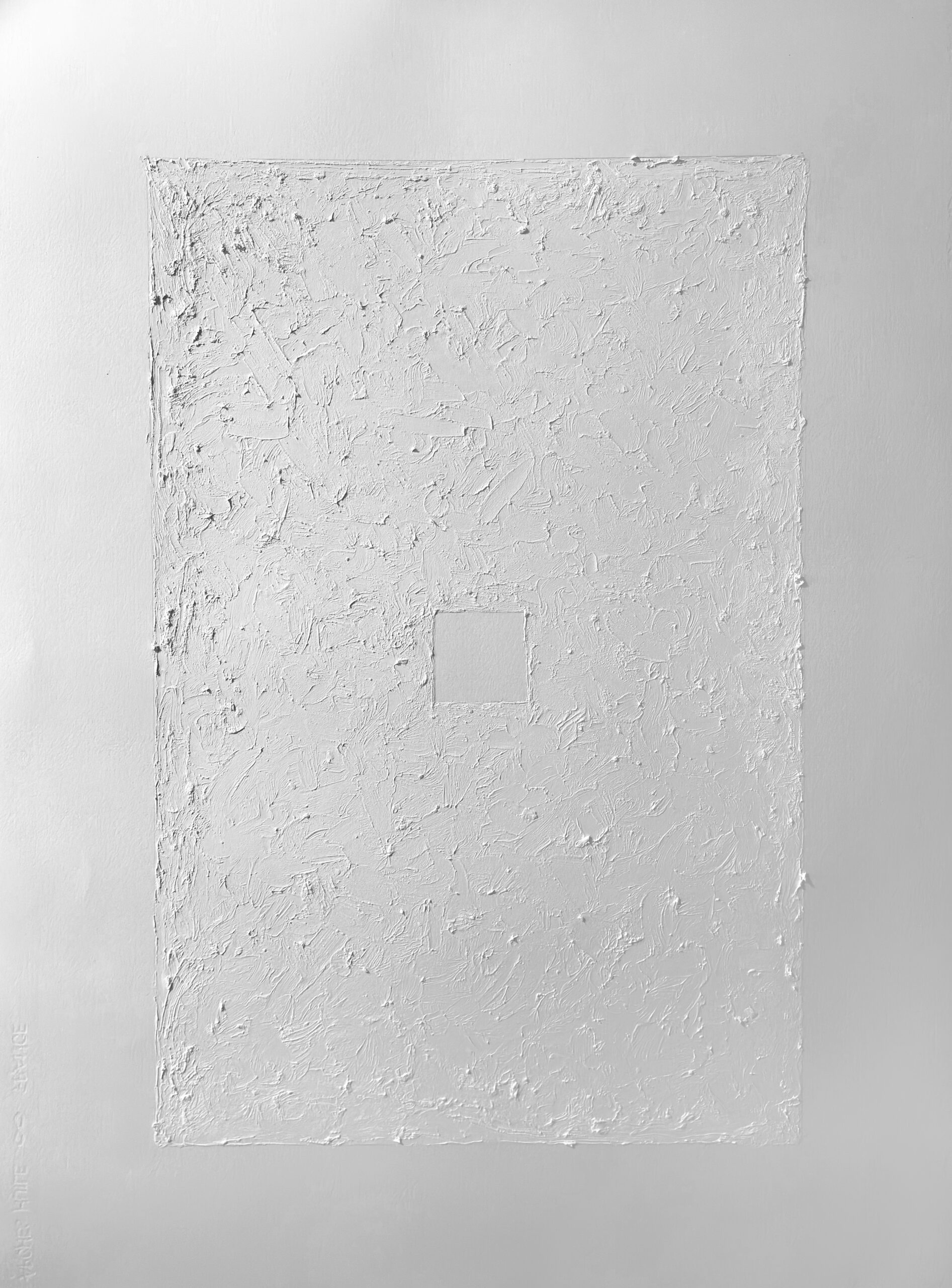 White oil stick painting on paper depicting a minimalist white field with a square void in the center by artist Iliad Terra